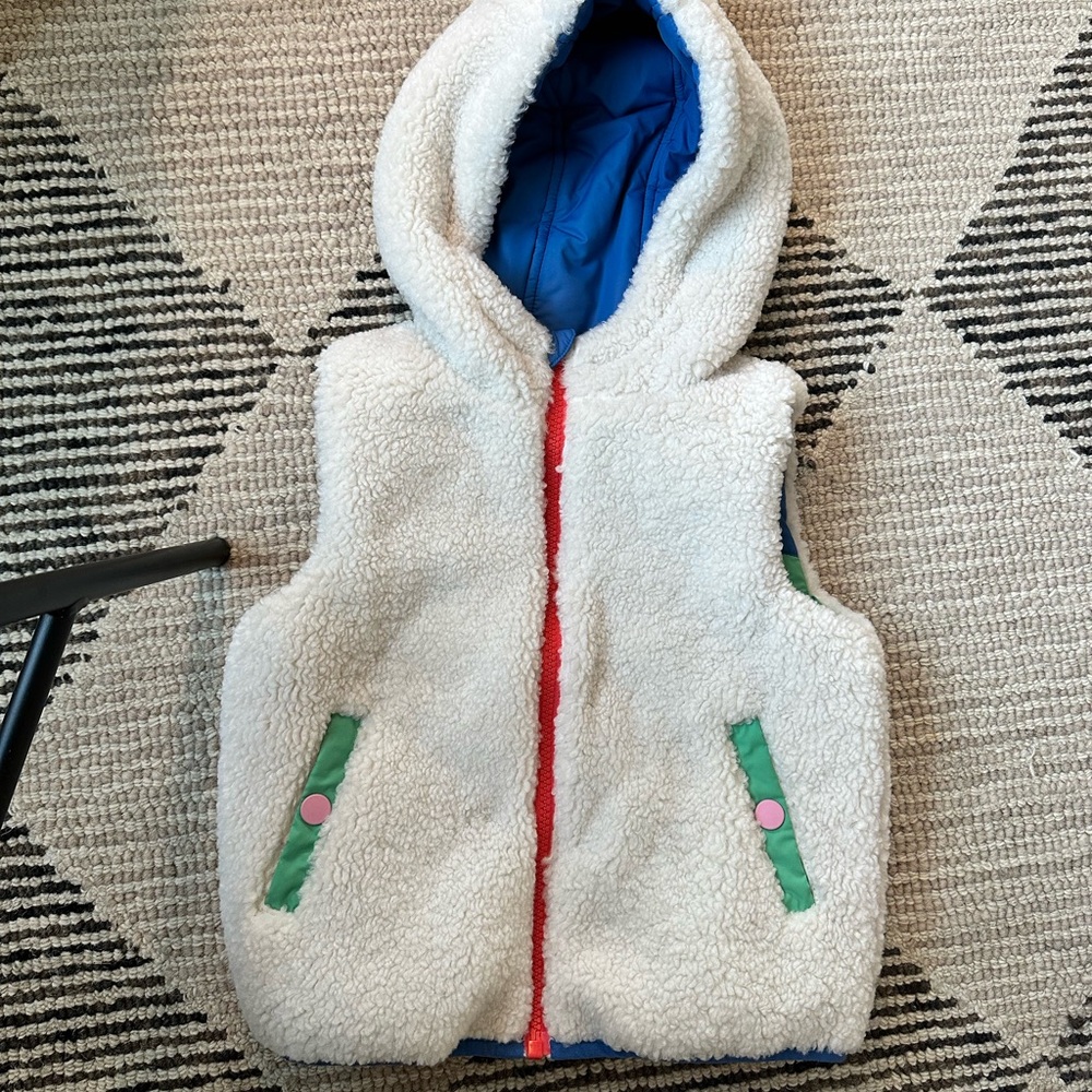 Mini Boden Multicolor Puffer Vest with Sherpa Hood - Picture 7 of 13